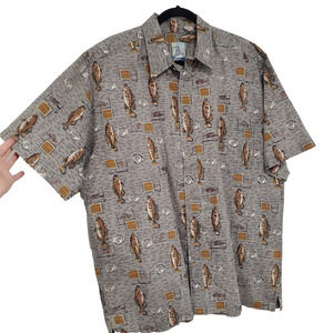 Vintage Bluewater Wear Hawaiian Shirt Fishing Novelty Print Men's XL Gray USA